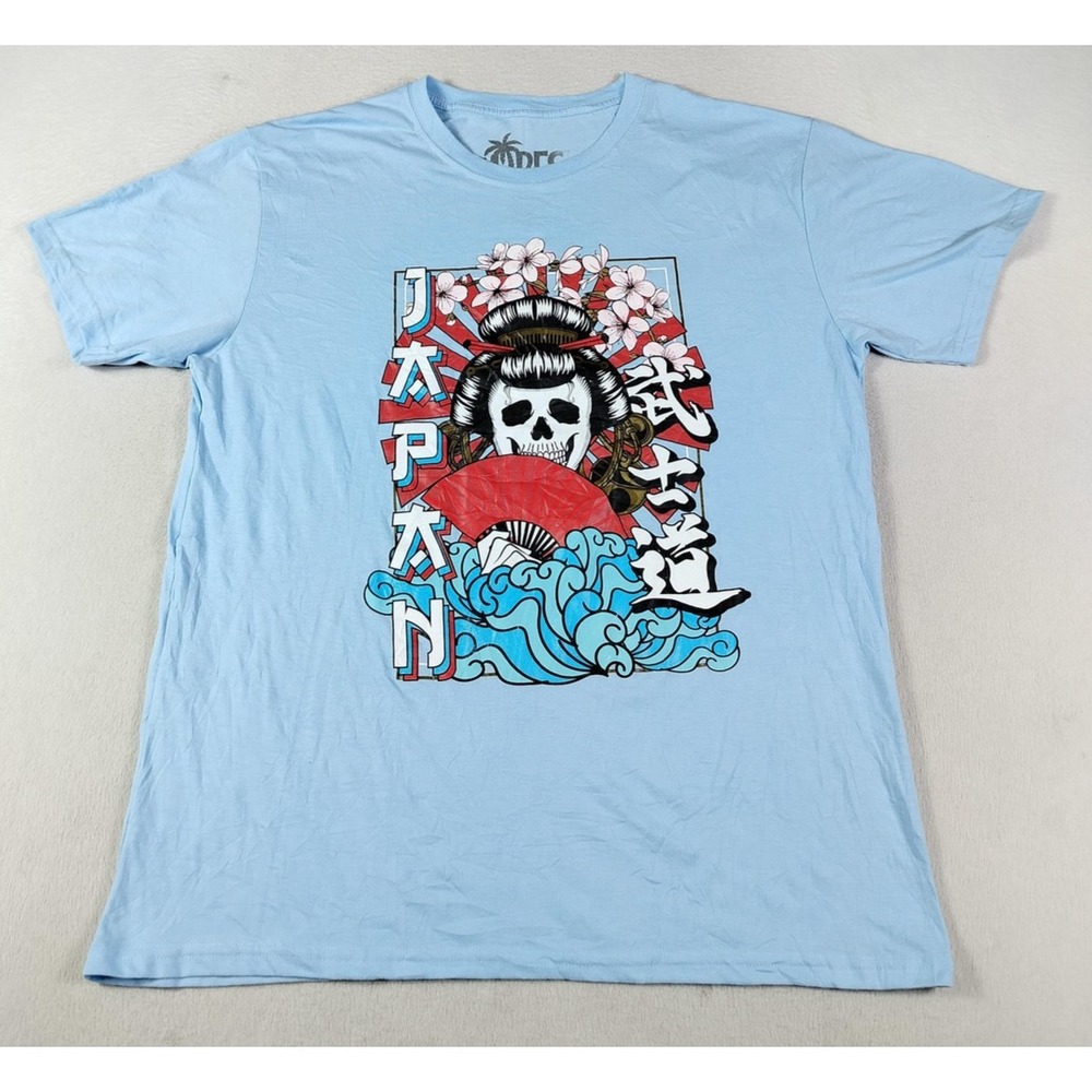 Vibes Japan Samurai Skull Shirt Mens XL Blue Graphic Tee Geisha Waves Tagless